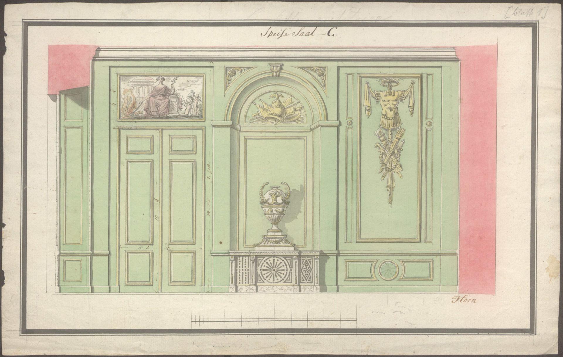 Carl Gottlob Horn: Wandaufrisse für das Tafelzimmer, Wandsbek, 1776 (Staatsarchiv Hamburg, 720-1/152-01=07_635.001)